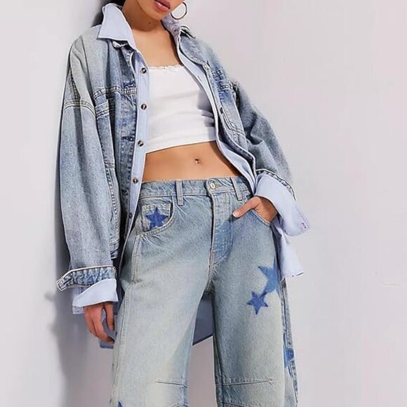 Astronomy Domain Star Printed Boyfriend Retro Horseshoe Jeans Light Blue - Picture 6 of 9